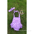 Hot sell baby girls Condole belt romper purple romper golden dot romper ruffle romper with matching necklace and headband set